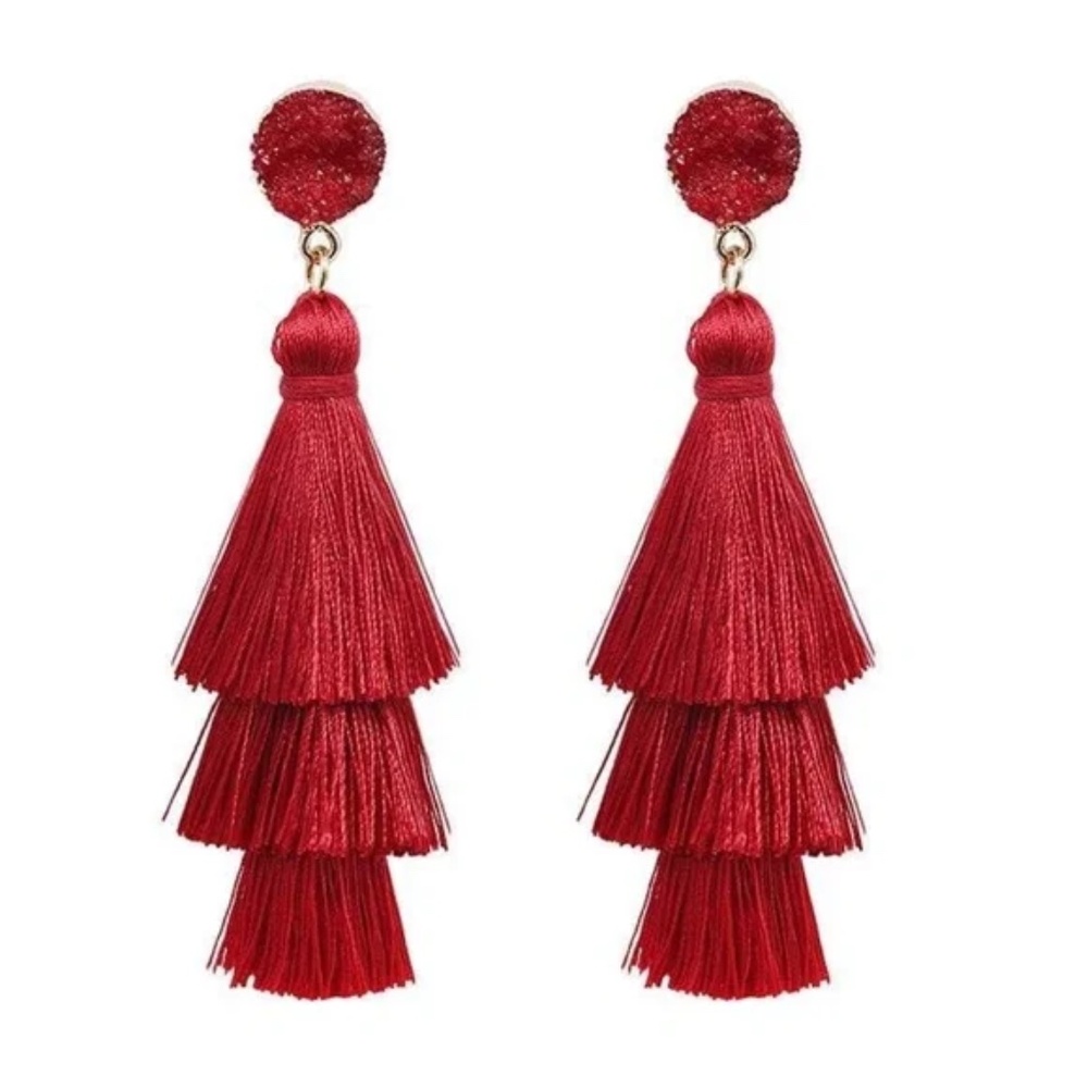 Womens Crystal Red Tassel 3 Tier Dangle Vintage Earrings‎ Jewelry Brand New